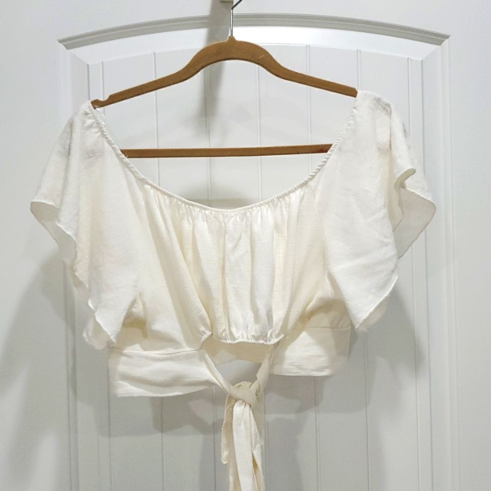 Ces Femme Cream Linen Blend Crop Tie Back Shirt Short Bell Sleeves LG, NWT - Picture 5 of 5
